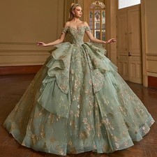 Blue Quinceneara Dress in Green for Girls Bow Ruffles Bow Royal Train Wedding