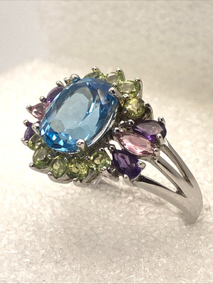 Size 12 Exquisite Blue Topaz Faceted Oval Cut SS 925 Ring w  Multi Gemstone Halo