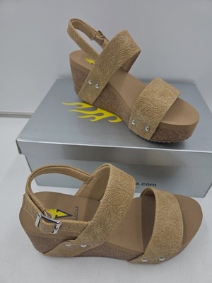 Volatile Women's Size 6 Summerlove Embossed Tan Wedge Heel Ankle Strap Sandals