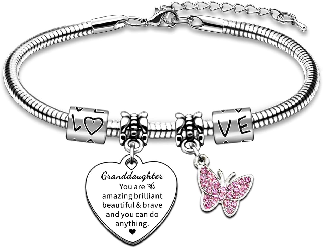 My Granddaughter Gifts Inspirational Charm Pink Butterfly Bracelet Gift Granddau