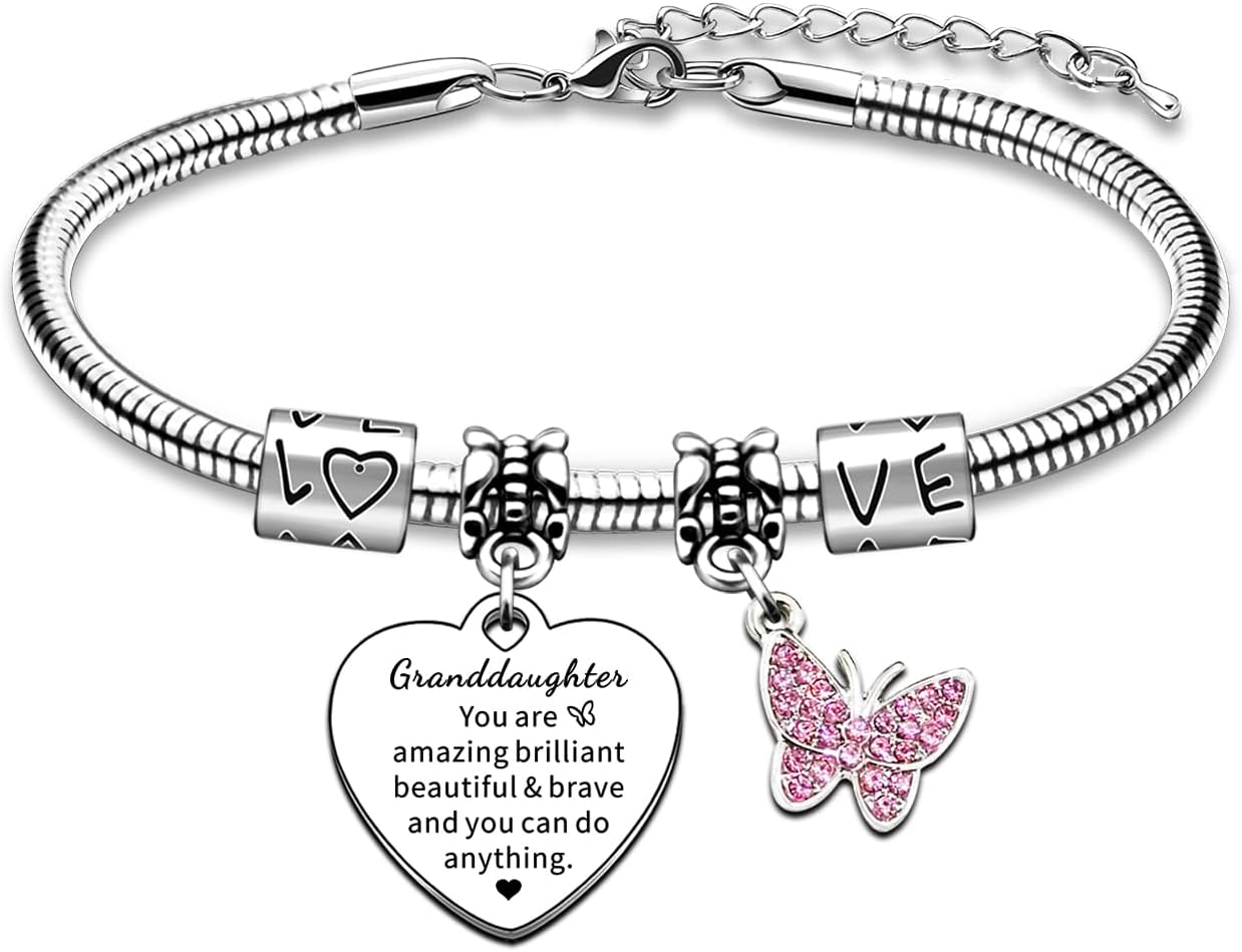 My Granddaughter Gifts Inspirational Charm Pink Butterfly Bracelet Gift Granddau