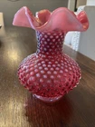Vintage Fenton Cranberry Opalescent Hobnail Art Glass Vase Ruffled Edge Stunning