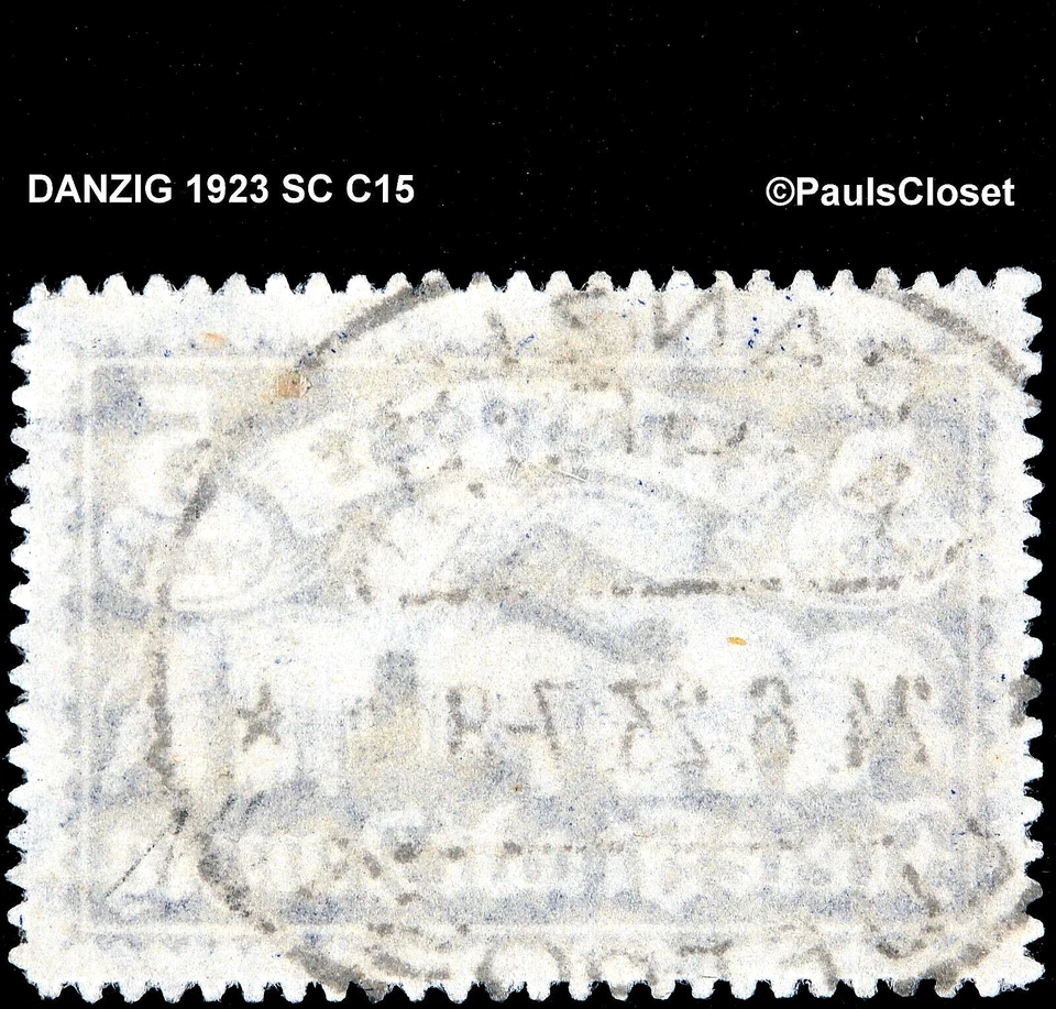 DANZIG 1923 SC C15 САМОЛЕТ НАД DANZIG 5mk фиолетовый синий б/у без жевательной резинки очень тонкий - Изображение 2 из 2