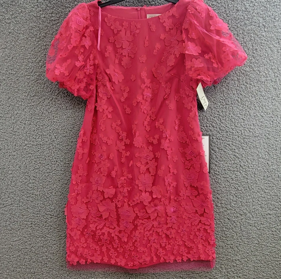 Eliza J Petite Puffed-Sleeve 3D-Floral Shift Dress Women's 4P Hot Pink Back Zip - Image 2 of 4