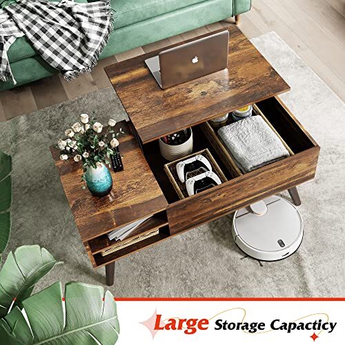 Wood Lift Top Coffee Table With Hidden Compartment And Adjustable ...