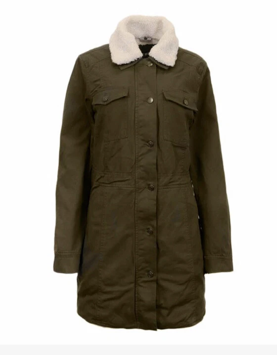 Steve Madden Long Denim Walker Cargo Jacket Olive Green Sherpa Lined Size M 110
