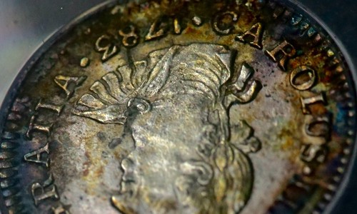 1783 Mo Mexico ½ Reale El Cazador Shipwreck Coin Iridescent Rainbow Toning CC685 - Picture 9 of 9