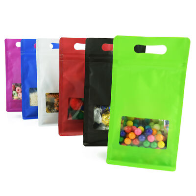 50 Colored Food Packaging Bags, Zipper Bags with Clear Plastic Window and Handle