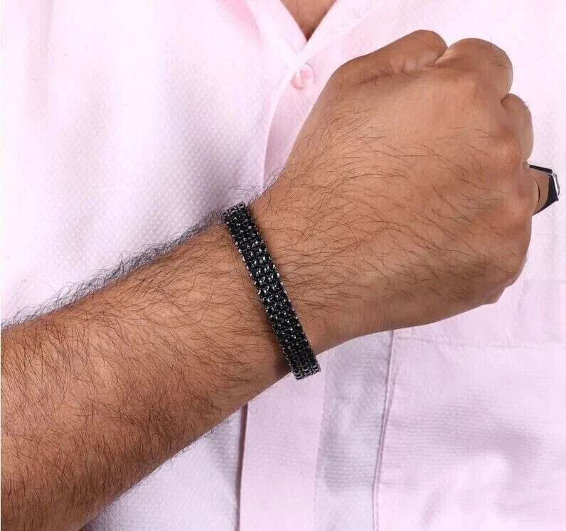 Único brazalete de 3 filas para hombre 15,0 quilates diamante negro simulado plata de ley real Foto 3 de 4