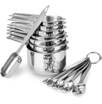 13-piece Measuring Cups and Spoons Set, 18/8 Stainless Steel Heavy Duty - Silver