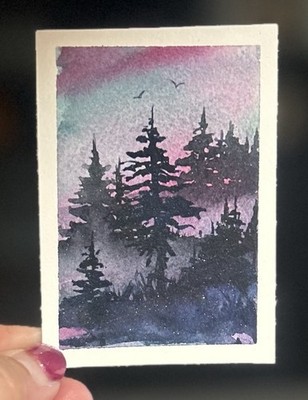 ACEO Pink Skies 2, Lake Original Watercolor Landscape Painting By Sasha Lehto