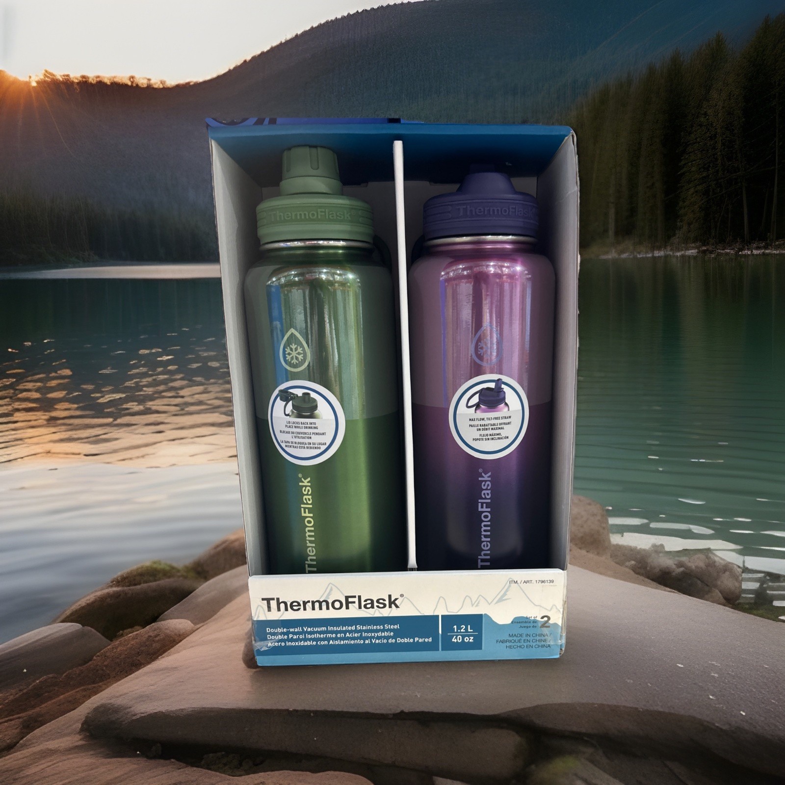 ThermoFlask Stainless Steel Water Bottle, 40 oz, 2-Pack (Purple/Green Brushed)