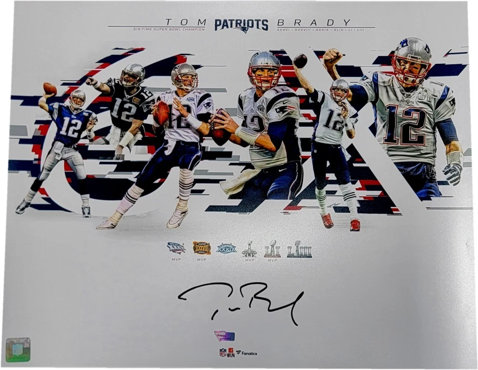 Foto autografiada de Tom Brady 16x20 de los New England Patriots 6x fanáticos del Super Bowl