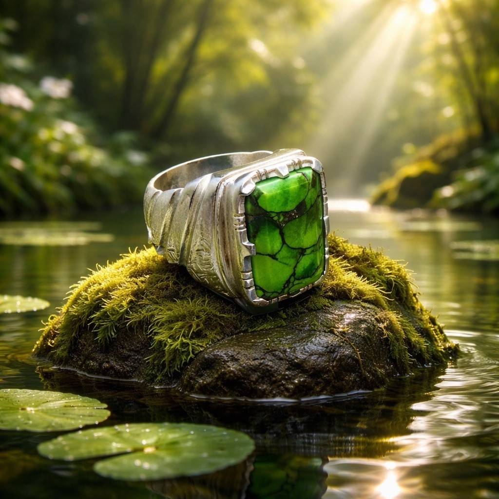 💍 Sterling Silver Statement Ring Rectangular Gre… - image 1