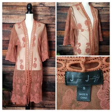 J For Justify Small Sheer Embroidered Duster Cardigan Top Kimono Sleeve Salmon