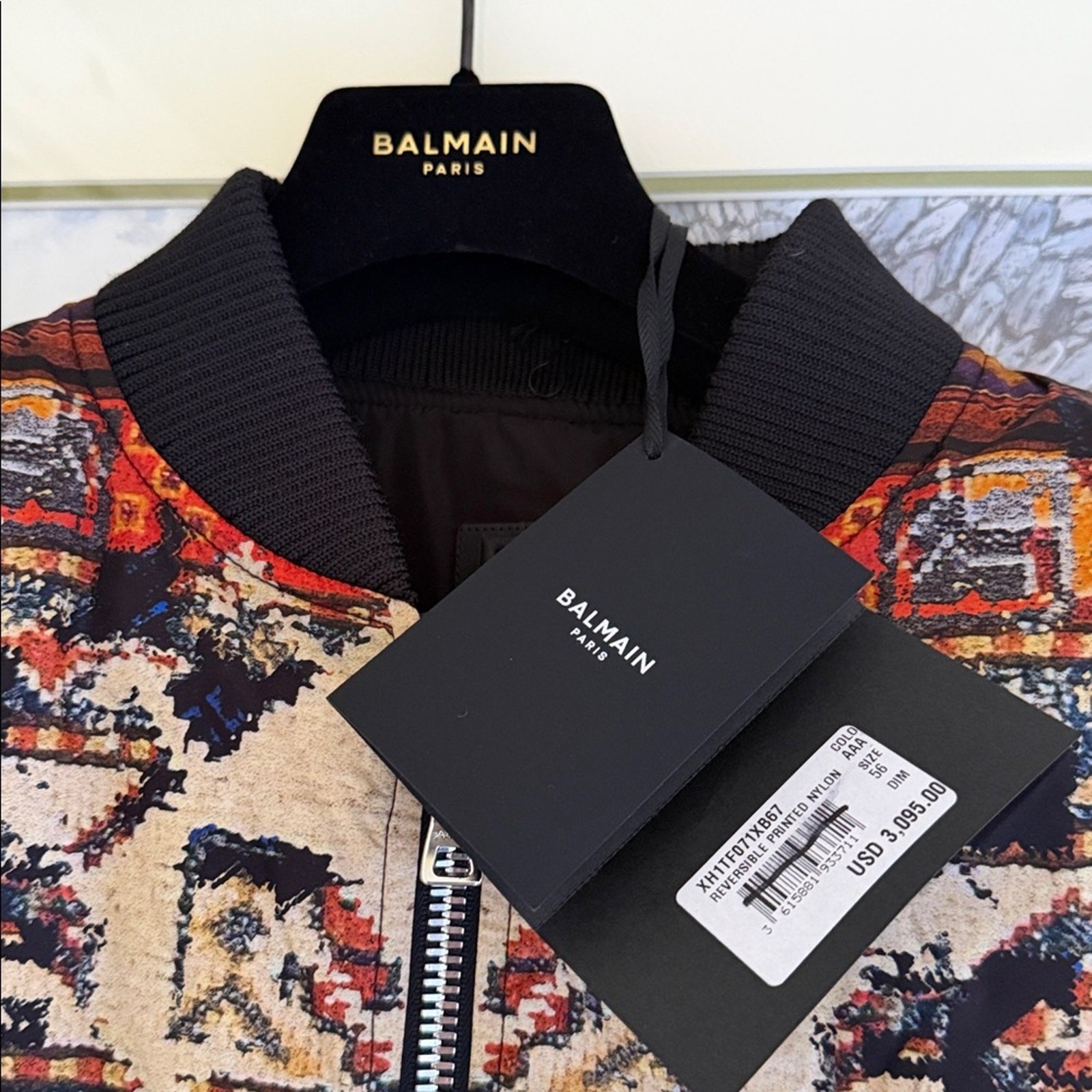 BALMAIN PARIS NWT MENS 56, REVERSIBLE TAPESTRY PRINT/SOLID, BLACK SILVER ZIPPERS - second product detail image
