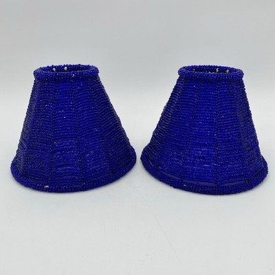 Set 2 Retro Vintage Blue Cobalt Glass Beaded Lamp Shade Clip On Bulb