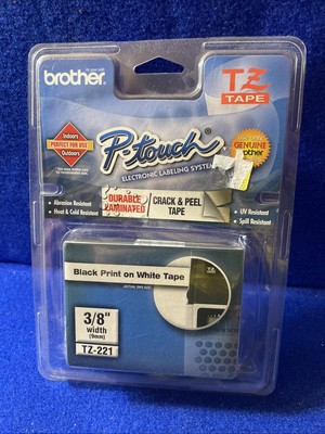 Brother P-Touch TZ-221 9mm 3/8'' Black Print On White Tape Label Sealed New