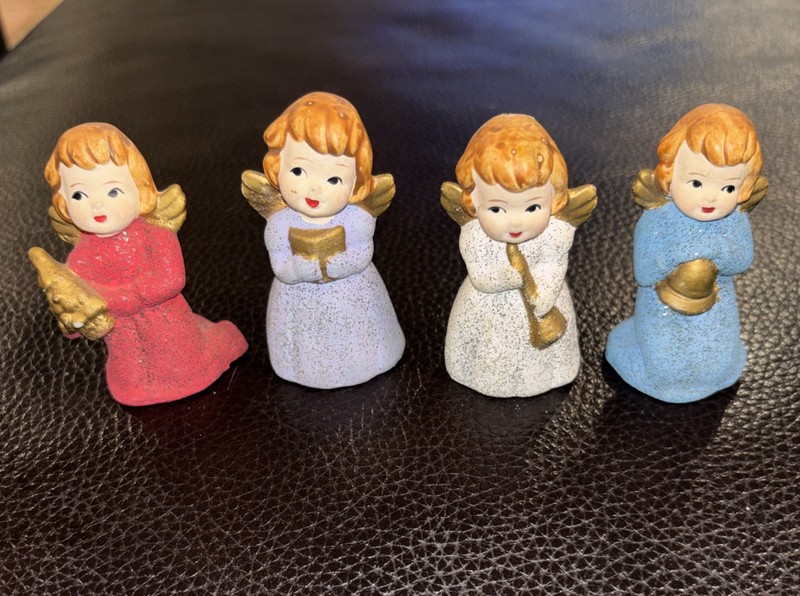 Vintage 60’s GLITTER CHALKWARE Christmas Angels  Ornaments Japan Set Of 4
