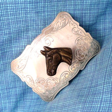 Western Horse Floral Scroll Belt Buckle Cowboy Cowgirl Vaquero Vtg 80s  .SHY622