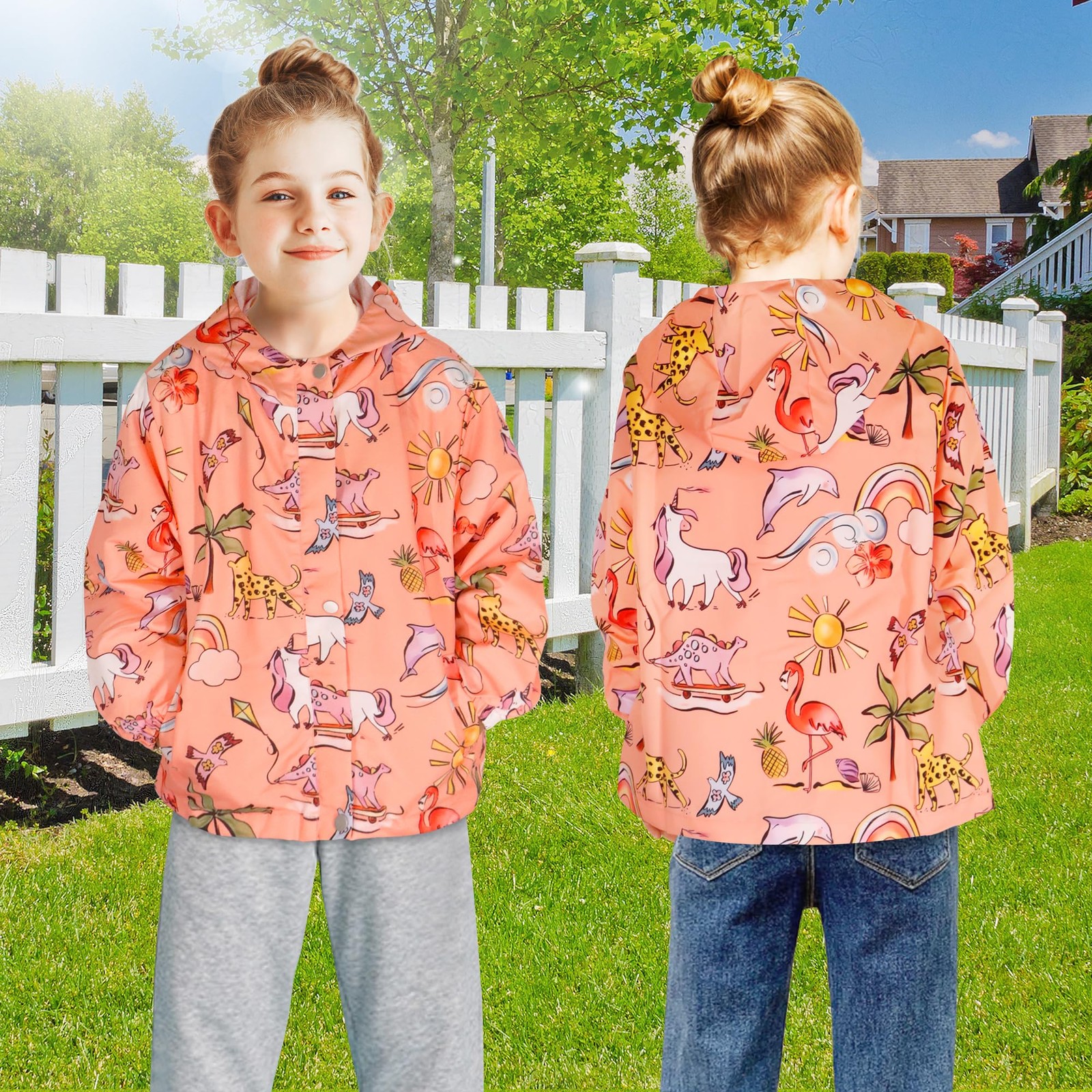 Manteaux filles imperméables imprimés veste softshell coupe vent rose - 2