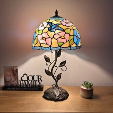Tiffany Style Table Lamp Blue Pink Stained Glass Hummingbird Flowers 12"W 22"H