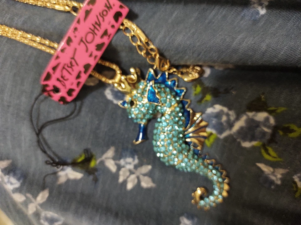 Betsey Johnson Blue Rhinestone Seahorse Necklace And 29" Gold Plated Rope Chain - Image 2 of 2