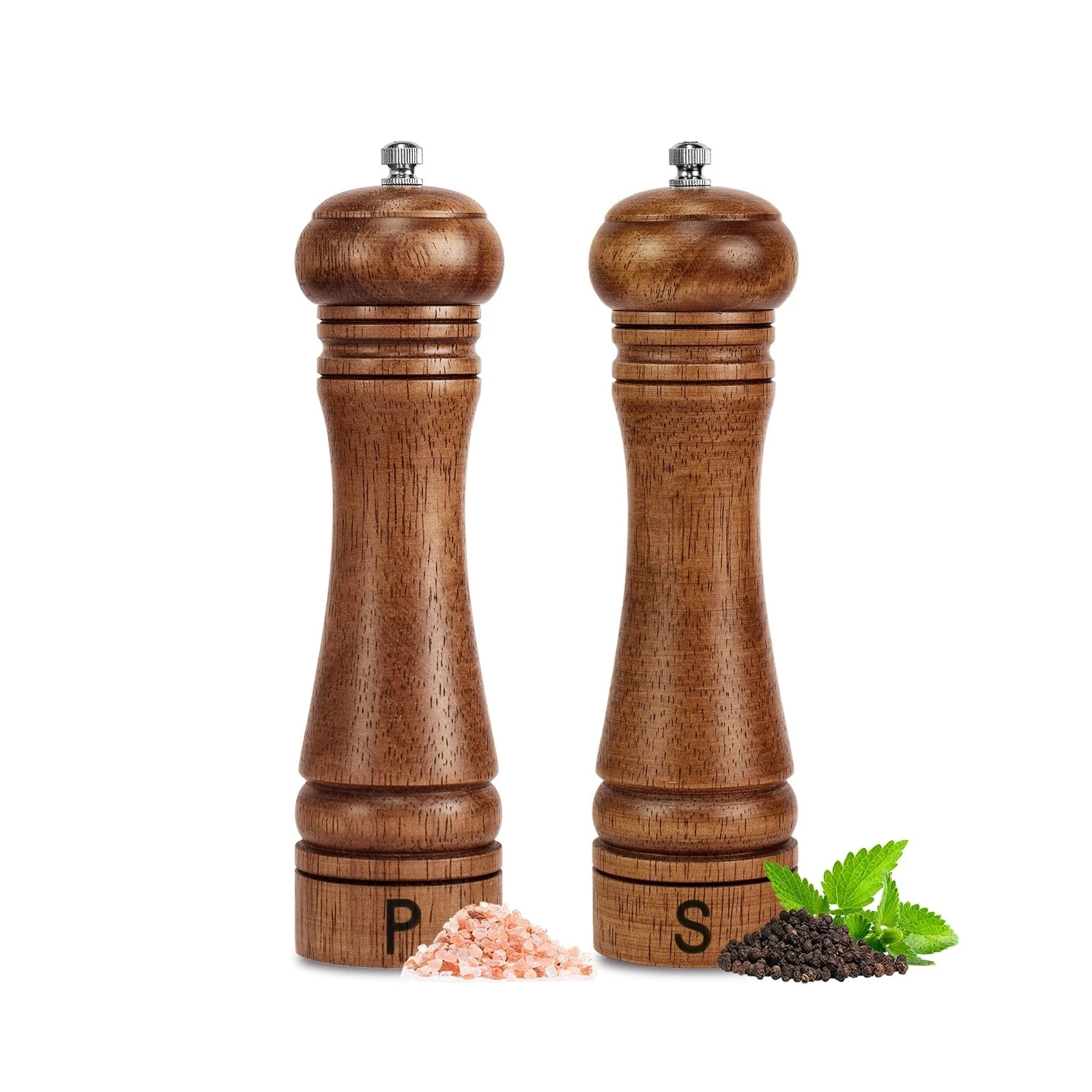 Wooden Salt and Pepper Grinder Set Refillable Salt & Pepper Mills Adjust for ...