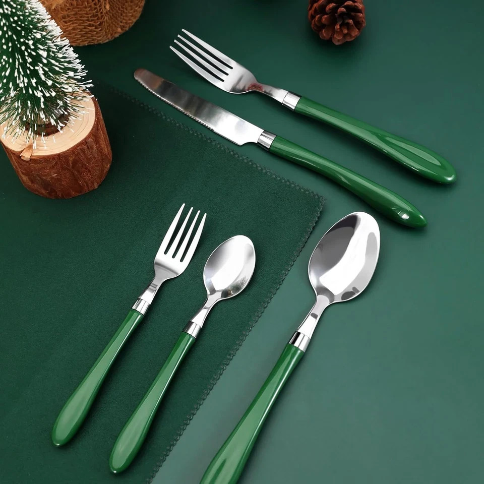 Deep Green Silverware Set, 20 Piece Stainless Steel Color Handle Flatware, Retro