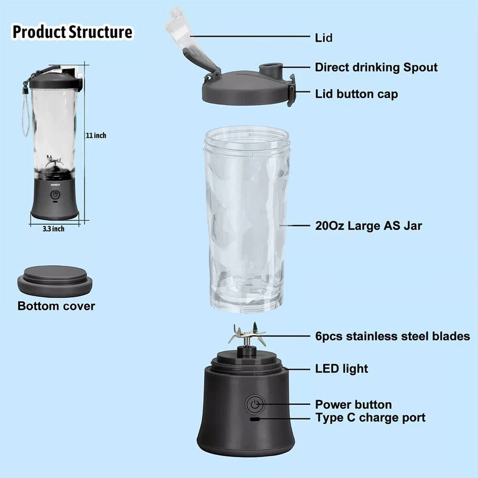 600ml Tragbarer Mixer Smoothie Maker USB Standmixer Elektrischer Mini Saftmixer - Bild 3 von 4