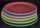 Five Vintage Homer Laughlin Fiesta 9-1/2" Plates Rose, Green, Yellow, Blue