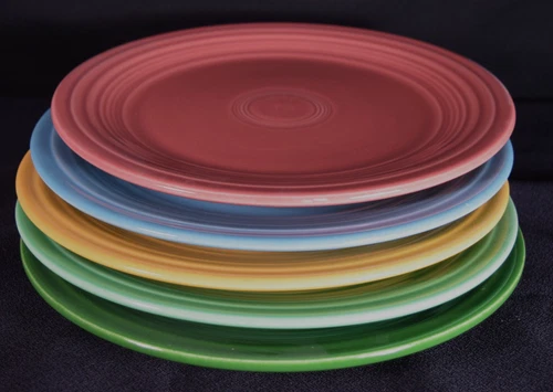 Five Vintage Homer Laughlin Fiesta 9-1/2" Plates Rose, Green, Yellow, Blue