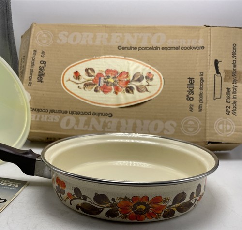 Moneta Sorrento Skillet Enamel Italy 8" Floral Orange MCM Vintage 1970s AP2 Box - Picture 5 of 14