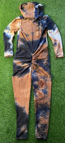 NWT Tie Dye Stretch Jumpsuit Hood Womens L/XL Scrunch Butt Catsuit Bodysuit - Picture 3 of 12