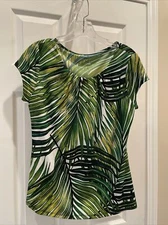 Worthington Women Gorgeous Green Black Short Sleeve Pleated Neck Top Sz PM