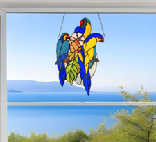 Tiffany Style Stained Glass Parrots Bird Suncatcher Window Panel 8x13in