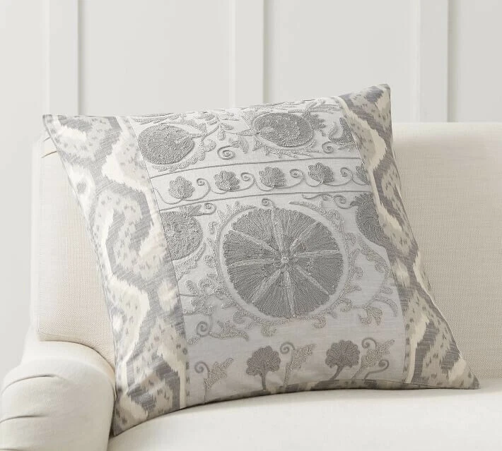 POTTERY BARN CARMINE EMBROIDERED IKAT PILLOW COVER in GRAY 24 X 24