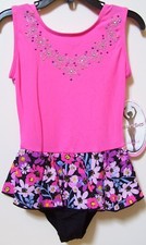 Jacques Moret Girls Pink Garden of Flowers Dance Tank Skirtall Leotard XS S M L