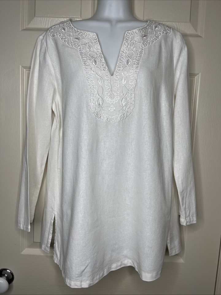 Sigred Olson   White Linen Blend Long Sleeve Long Tunic Top   Size S-M EUC