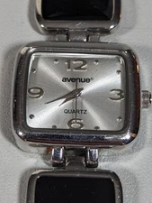 Silver Tone Dial Rectangle Case Black Inlay Link Band Watch 7.5 Inch