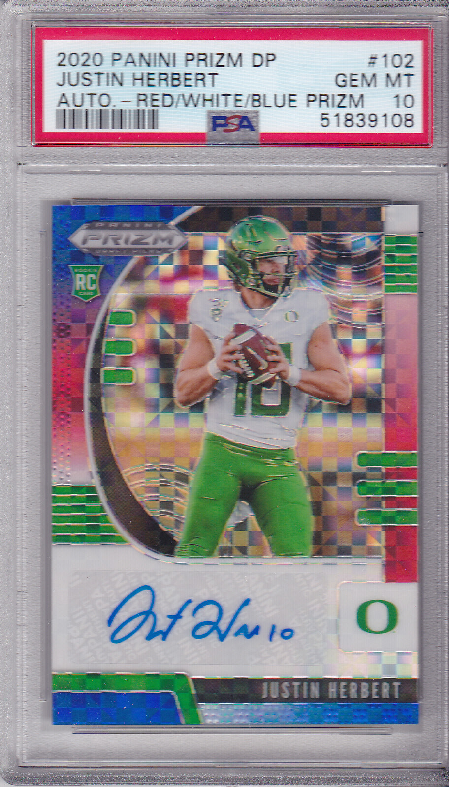 2020 Panini Prizm Draft Picks RC Auto Red White Blue JUSTIN HERBERT 40/75 PSA 10