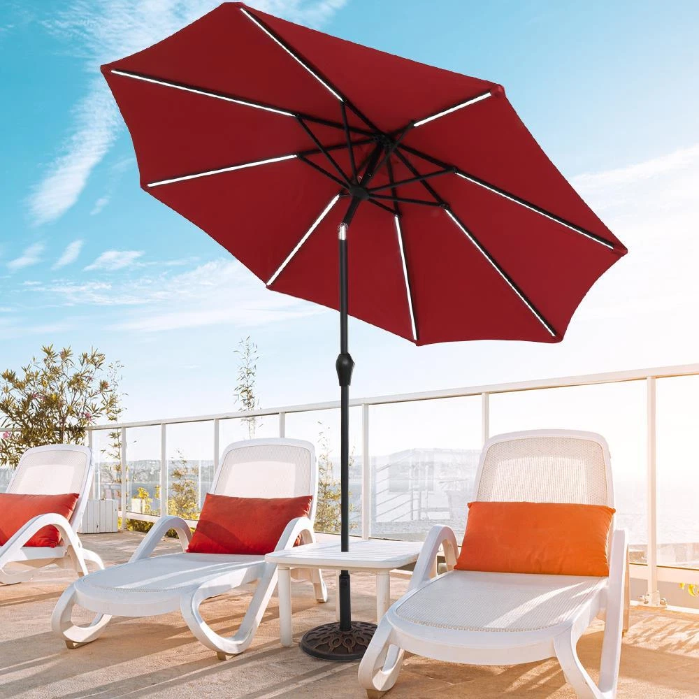 2.7M LED Solar Outdoor Parasol Garden Patio Tilt u0026amp; Crank Sun Shade  Umbrella Red | eBay