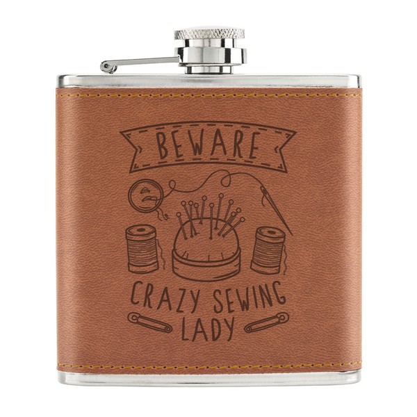 Beware Crazy NäHen Lady 170Ml Pu-Leder Flachmann Tan Mum Muttertag Freundin-image