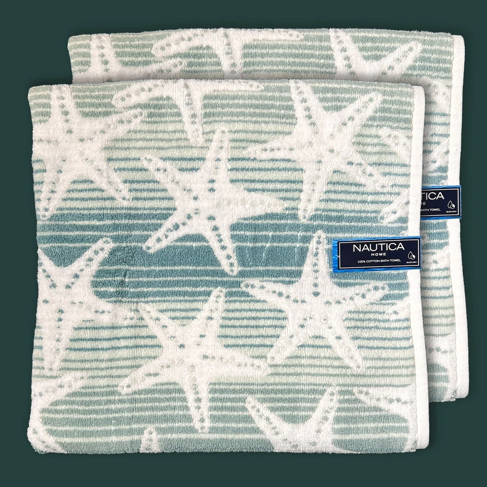 4 PIEZAS NAUTICA Algodón Suave Secado Rápido Baño + Toallas de Mano Azul Mar Espuma Blanco Sea Star Foto 2 de 4