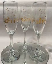 2013 New Years Eve Champagne Flute Glasses wEtched Stars and Gold Print-Set of 4