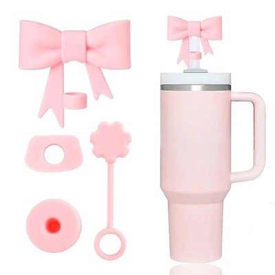 4Pcs Pink Bow Straw Covers Cap Toppers for Stanley Cup Accessories 30&40 oz Tumb