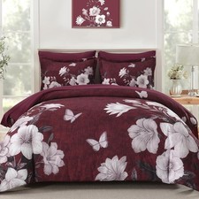 Floral King Size Comforter Set 7-Piece Burgundy Bed in a Bag Microfiber Bedding