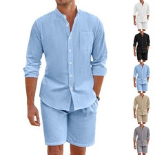 Men's Linen Blend Stand Collar Long Sleeve Shirt  Shorts 2 Piece Beach Set