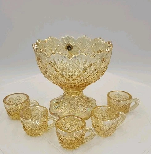 Westmoreland Honey Amber Carnival Thumbelina Glass Mini Punch Bowl Set Of 6