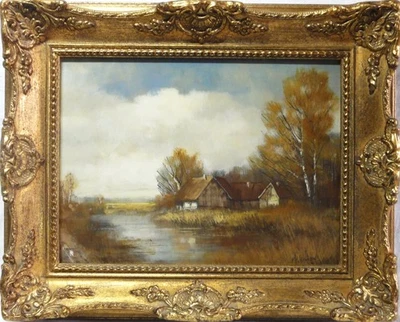 Anton KAISER (1928) TOP-Gemälde~1960: GEHÖFT AM SEE UND BIRKEN - Bild 1 von 4
